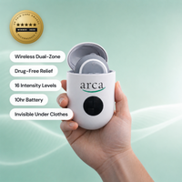 Hand holding the Arca device beside feature labels and an award graphic