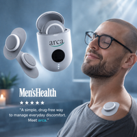 Man wearing an Arca pad on his neck beside the device and magazine-style graphic