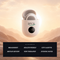 Arca device and charging case shown above a publication-logo graphic