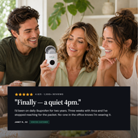 Three adults looking at the Arca device beside a customer review graphic